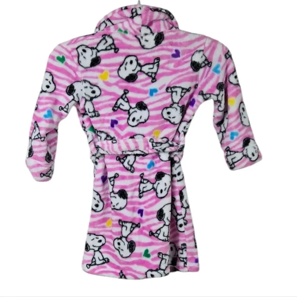 SNOOPY Girls Robe Plush Fleece Pink Striped Bathrobe Belted XS 4/5 Toddler Kids